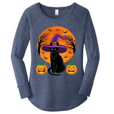 Cute Halloween Black Cat Witch Hat Pumpkin For Girl Women's Perfect Tri Tunic Long Sleeve Shirt