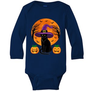 Cute Halloween Black Cat Witch Hat Pumpkin For Girl Baby Long Sleeve Bodysuit