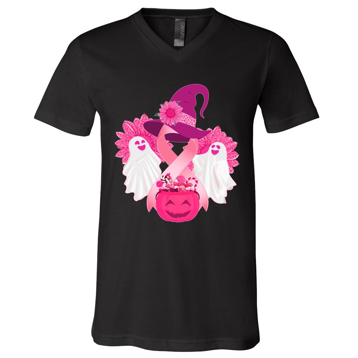 Cute Halloween Breast Cancer Awareness V-Neck T-Shirt