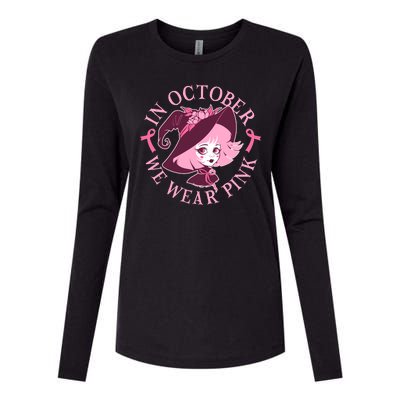 Cute Halloween Breast Cancer Awareness In October We Wear Pink Witch Womens Cotton Relaxed Long Sleeve T-Shirt