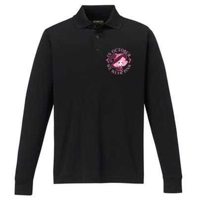 Cute Halloween Breast Cancer Awareness In October We Wear Pink Witch Performance Long Sleeve Polo