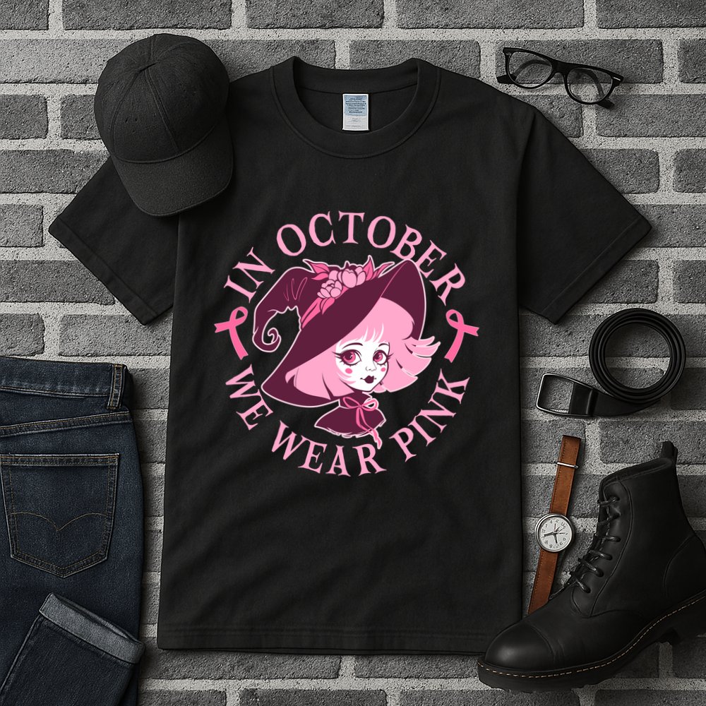 Cute Halloween Breast Cancer Awareness In October We Wear Pink Witch Tall T-Shirt
