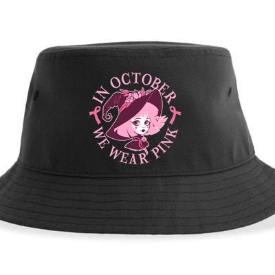 Cute Halloween Breast Cancer Awareness In October We Wear Pink Witch Sustainable Bucket Hat