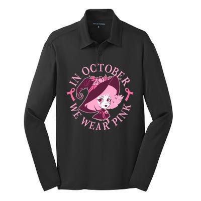 Cute Halloween Breast Cancer Awareness In October We Wear Pink Witch Silk Touch Performance Long Sleeve Polo