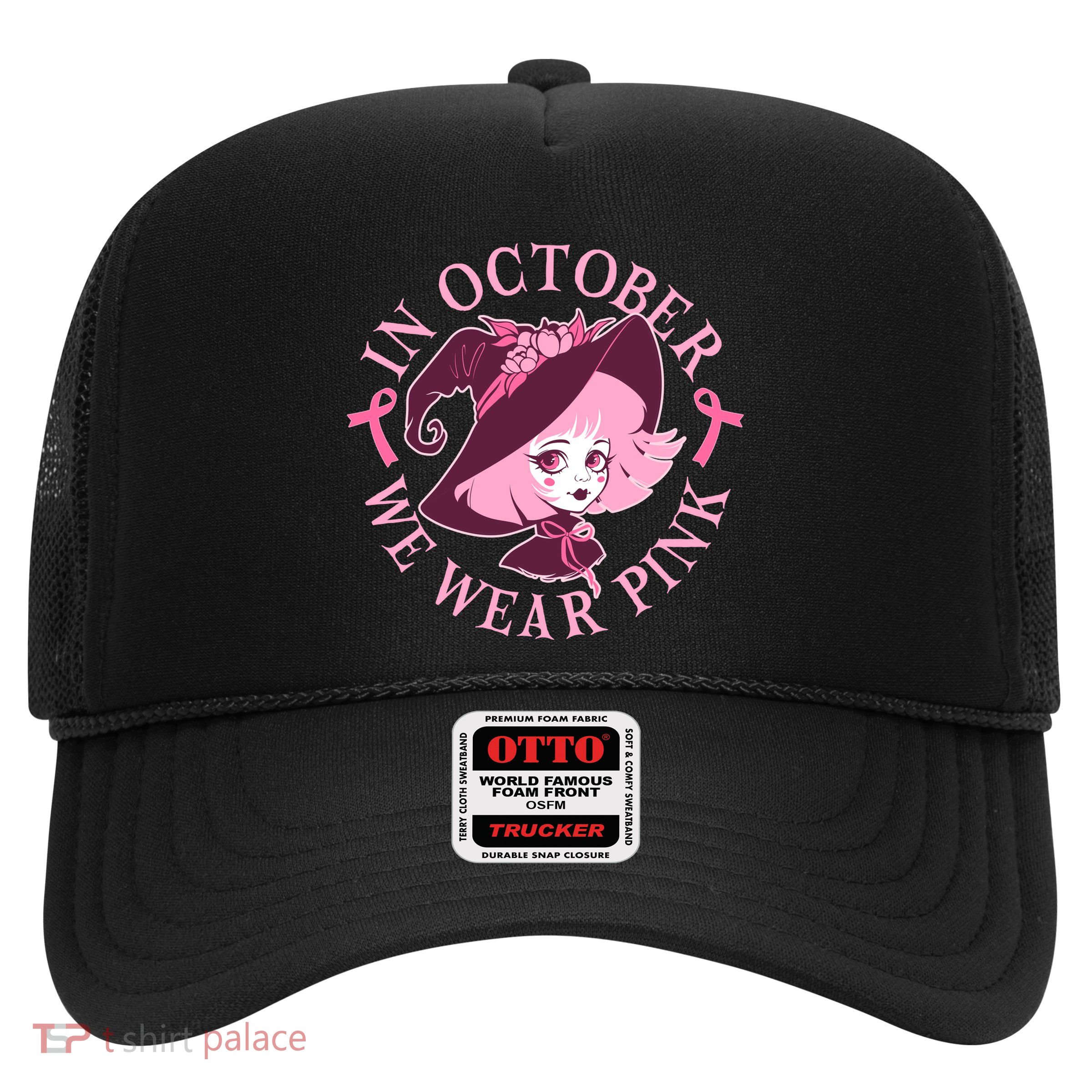 Cute Halloween Breast Cancer Awareness In October We Wear Pink Witch Trucker Hat