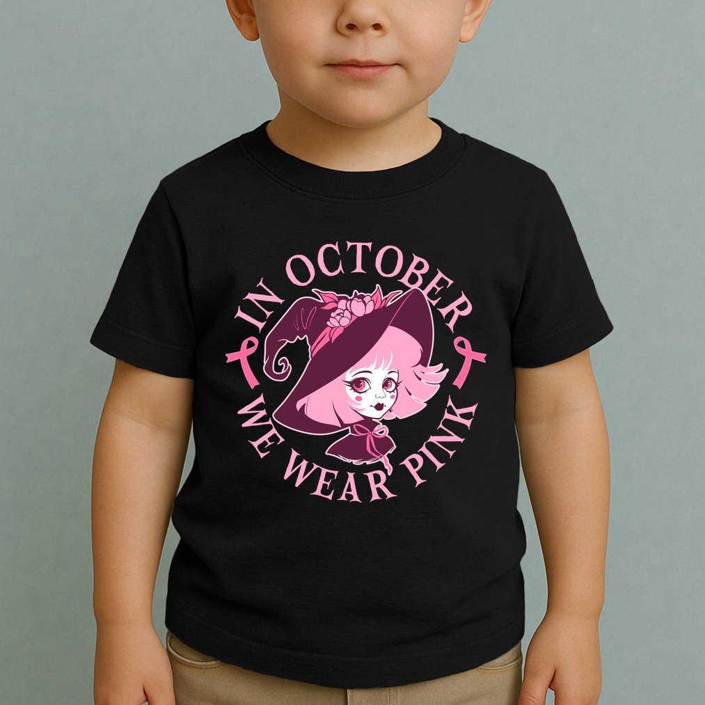 Cute Halloween Breast Cancer Awareness In October We Wear Pink Witch Toddler T-Shirt