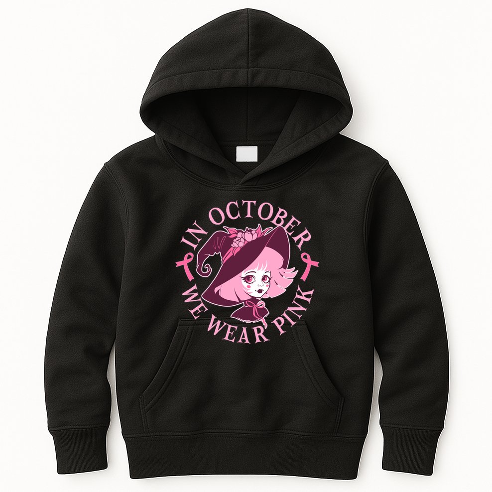 Cute Halloween Breast Cancer Awareness In October We Wear Pink Witch Kids Hoodie
