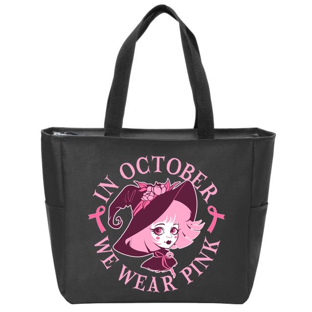 Cute Halloween Breast Cancer Awareness In October We Wear Pink Witch Zip Tote Bag