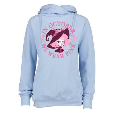 Cute Halloween Breast Cancer Awareness In October We Wear Pink Witch Womens Funnel Neck Pullover Hood