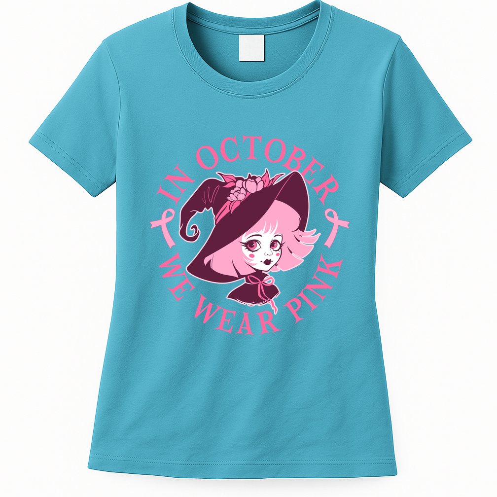 Cute Halloween Breast Cancer Awareness In October We Wear Pink Witch Womens T-Shirt