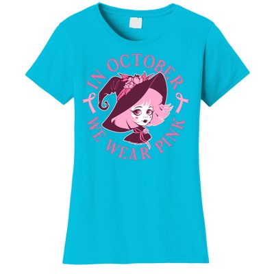 Cute Halloween Breast Cancer Awareness In October We Wear Pink Witch Women's T-Shirt