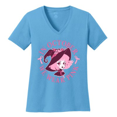 Cute Halloween Breast Cancer Awareness In October We Wear Pink Witch Women's V-Neck T-Shirt