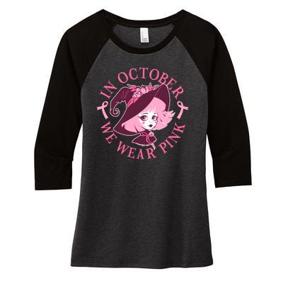 Cute Halloween Breast Cancer Awareness In October We Wear Pink Witch Women's Tri-Blend 3/4-Sleeve Raglan Shirt