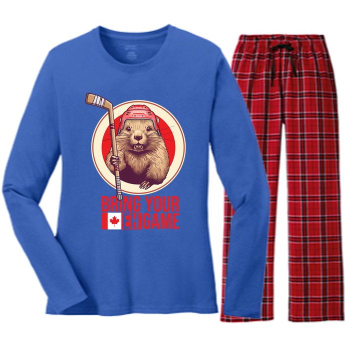 Canadian Hockey Beaver Canada Day Bring Your Eh! Game Funny Gift Women's Long Sleeve Flannel Pajama Set 