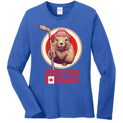 Canadian Hockey Beaver Canada Day Bring Your Eh! Game Funny Gift Ladies Long Sleeve Shirt