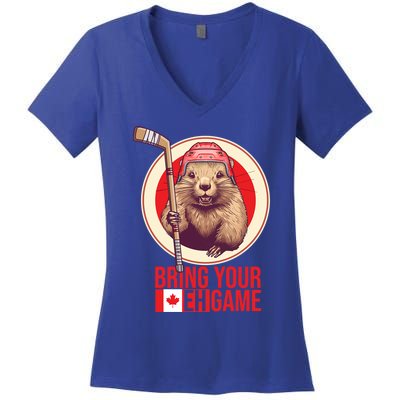 Canadian Hockey Beaver Canada Day Bring Your Eh! Game Funny Gift Women's V-Neck T-Shirt