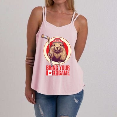 Canadian Hockey Beaver Canada Day Bring Your Eh! Game Funny Gift Women's Strappy Tank