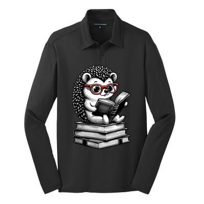 Cute Hedgehog Book Nerd Funny Readers Silk Touch Performance Long Sleeve Polo