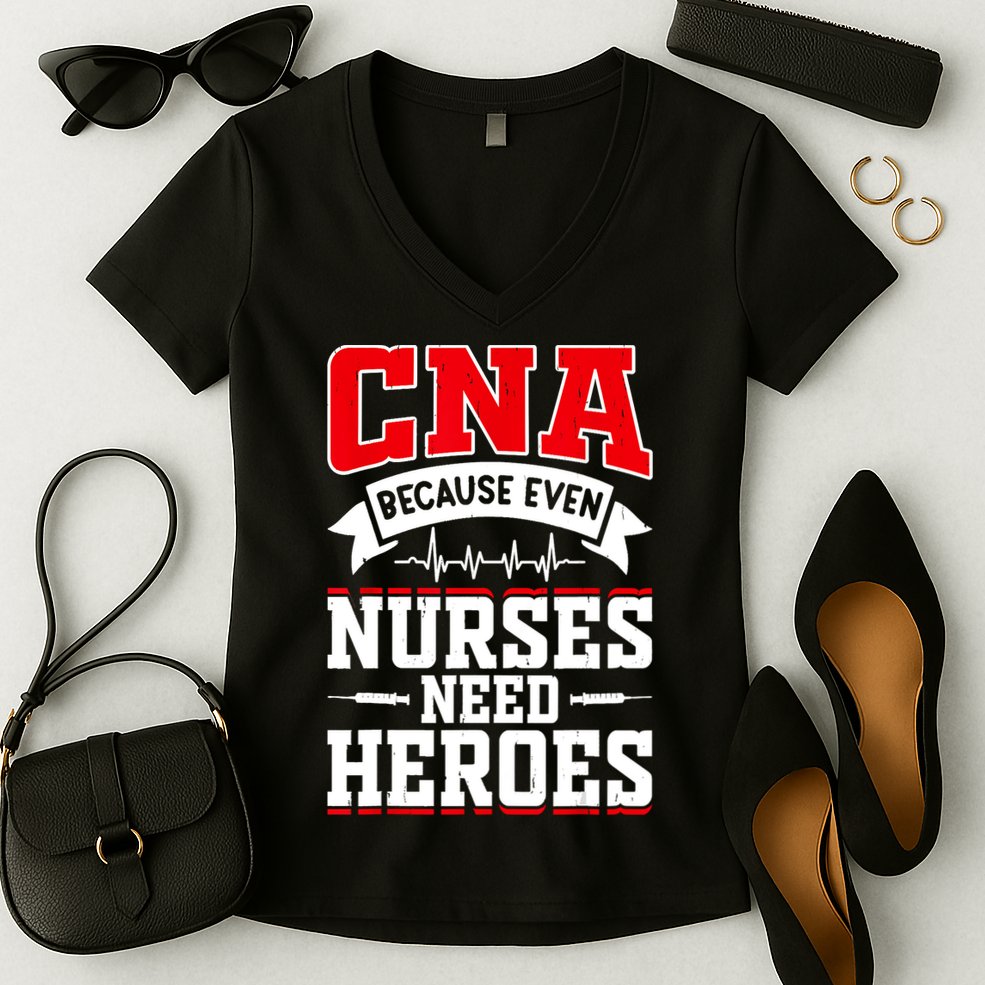 CNA Humor Because Even Nurses Need Heroes Funny CNA Nurse Women's V-Neck T-Shirt
