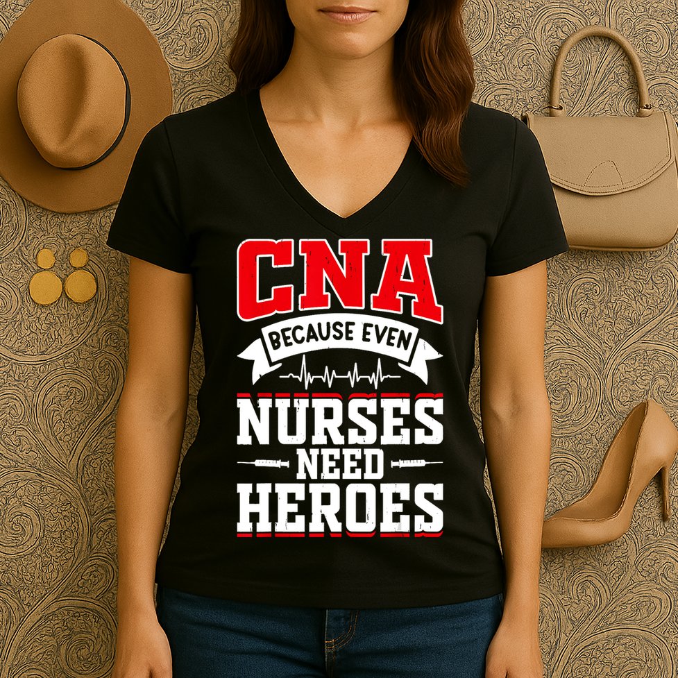 CNA Humor Because Even Nurses Need Heroes Funny CNA Nurse Women's V-Neck T-Shirt