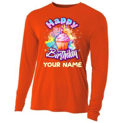 Cute Happy Birthday Graffiti Cupcake Personalized Custom Name Cooling Performance Long Sleeve Crew