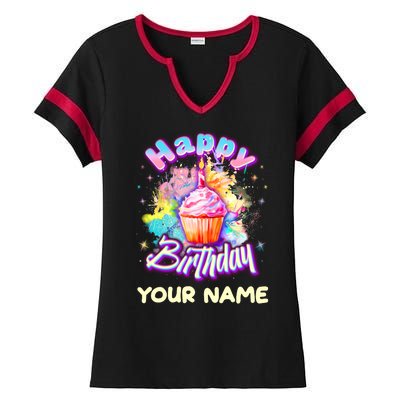 Cute Happy Birthday Graffiti Cupcake Personalized Custom Name Ladies Halftime Notch Neck Tee