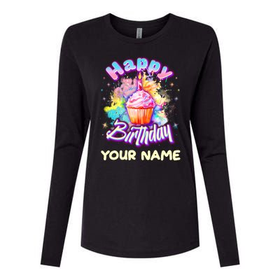 Cute Happy Birthday Graffiti Cupcake Personalized Custom Name Womens Cotton Relaxed Long Sleeve T-Shirt