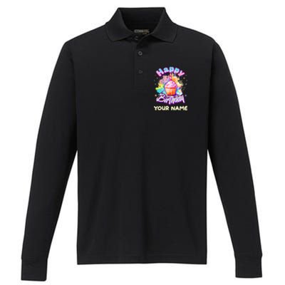 Cute Happy Birthday Graffiti Cupcake Personalized Custom Name Performance Long Sleeve Polo