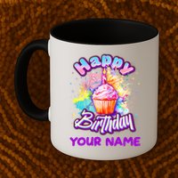 Cute Happy Birthday Graffiti Cupcake Personalized Custom Name Mug