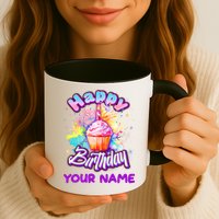Cute Happy Birthday Graffiti Cupcake Personalized Custom Name Mug