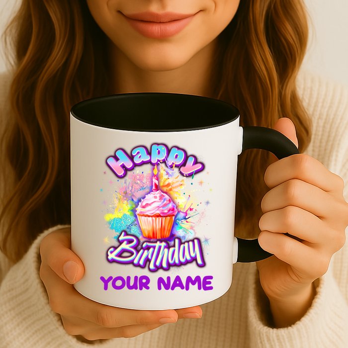 Cute Happy Birthday Graffiti Cupcake Personalized Custom Name Mug