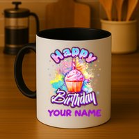 Cute Happy Birthday Graffiti Cupcake Personalized Custom Name Mug