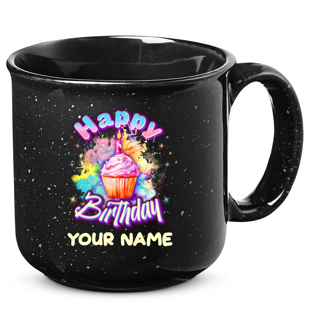 Cute Happy Birthday Graffiti Cupcake Personalized Custom Name 15oz Campfire Ceramic Mug