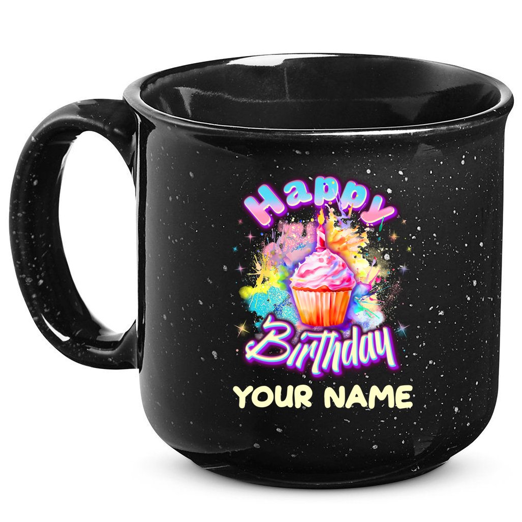 Cute Happy Birthday Graffiti Cupcake Personalized Custom Name 15oz Campfire Ceramic Mug