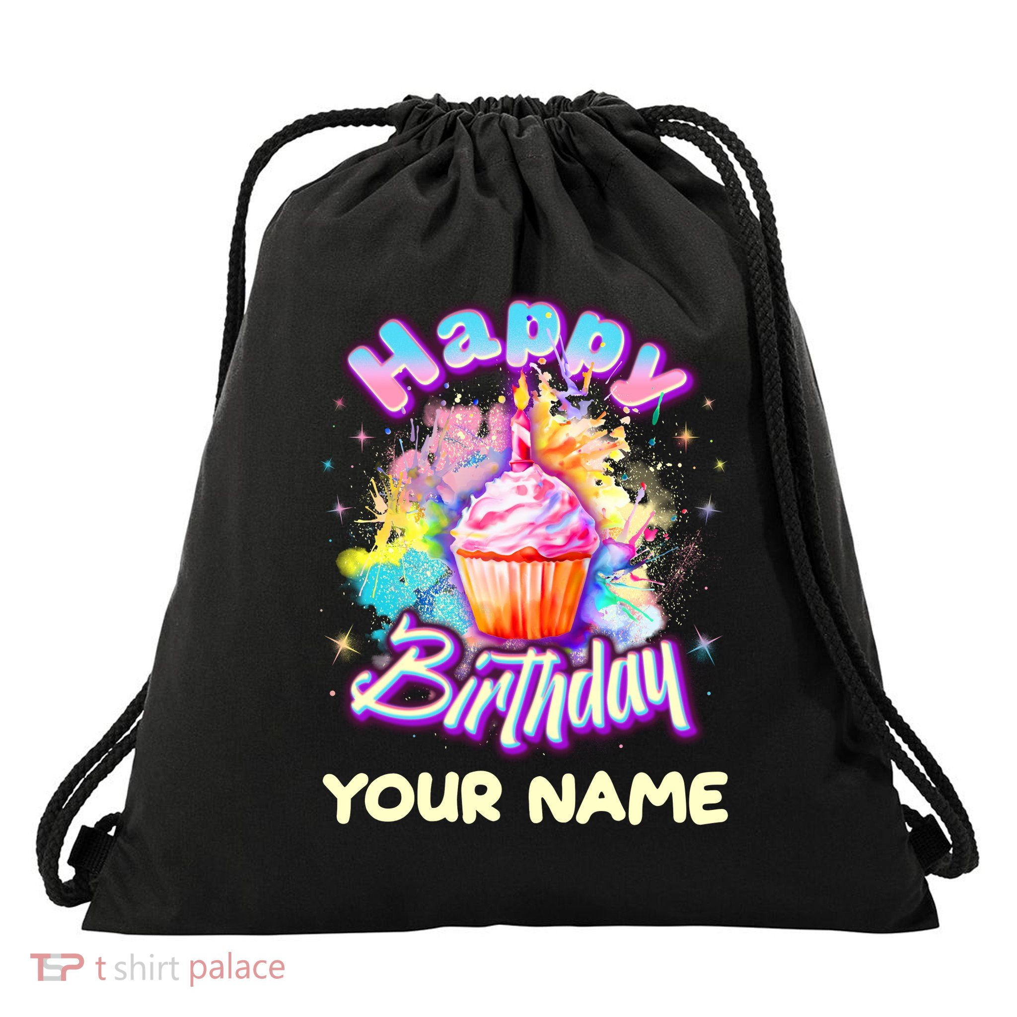 Cute Happy Birthday Graffiti Cupcake Personalized Custom Name Drawstring Bag