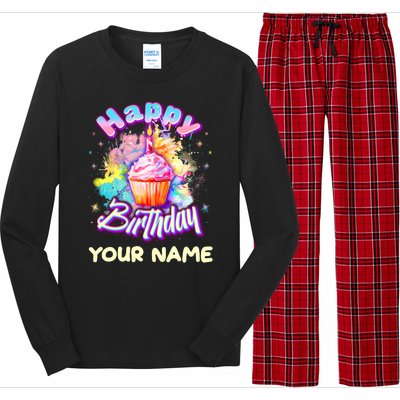 Cute Happy Birthday Graffiti Cupcake Personalized Custom Name Long Sleeve Pajama Set