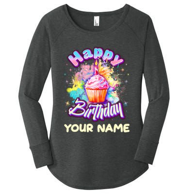 Cute Happy Birthday Graffiti Cupcake Personalized Custom Name Women's Perfect Tri Tunic Long Sleeve Shirt