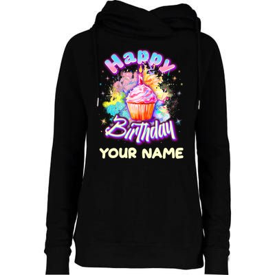 Cute Happy Birthday Graffiti Cupcake Personalized Custom Name Womens Funnel Neck Pullover Hood