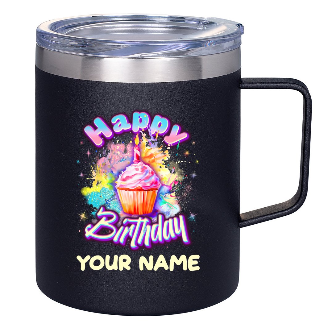 Cute Happy Birthday Graffiti Cupcake Personalized Custom Name 12oz Stainless Steel Coffee Mug