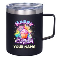 Cute Happy Birthday Graffiti Cupcake Personalized Custom Name 12oz Stainless Steel Coffee Mug