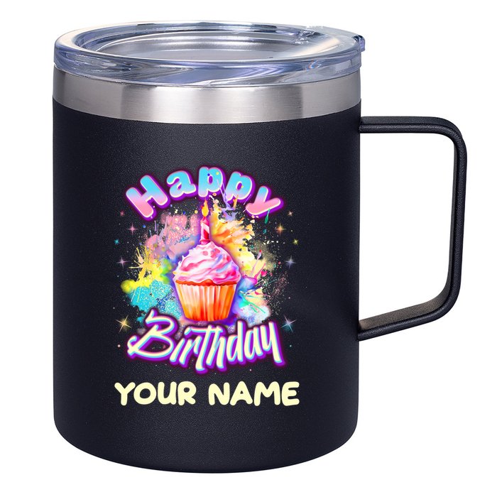 Cute Happy Birthday Graffiti Cupcake Personalized Custom Name 12oz Stainless Steel Coffee Mug