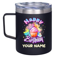 Cute Happy Birthday Graffiti Cupcake Personalized Custom Name 12oz Stainless Steel Coffee Mug