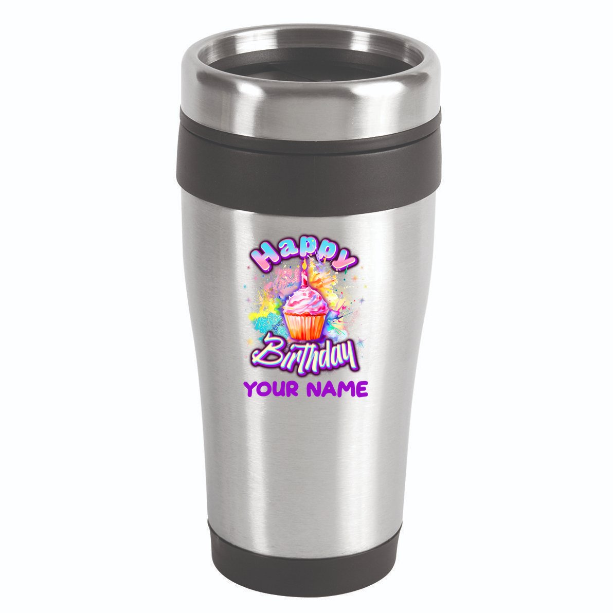 Cute Happy Birthday Graffiti Cupcake Personalized Custom Name 16oz Travel Tumbler