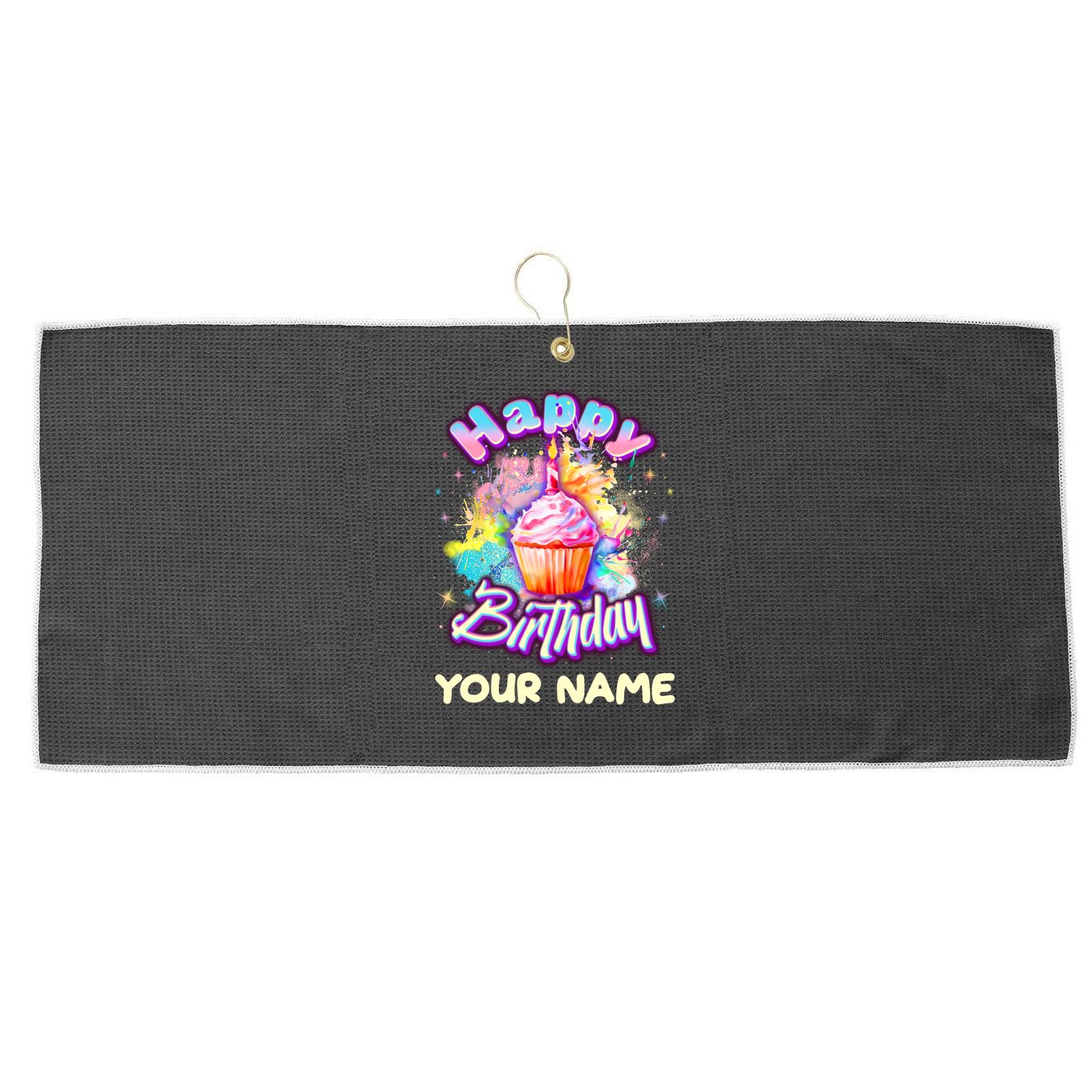 Cute Happy Birthday Graffiti Cupcake Personalized Custom Name Large Microfiber Waffle Golf Towel