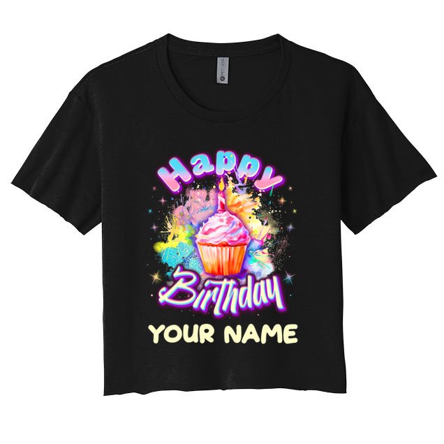Cute Happy Birthday Graffiti Cupcake Personalized Custom Name Crop Top