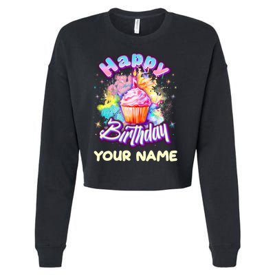 Cute Happy Birthday Graffiti Cupcake Personalized Custom Name Cropped Pullover Crew