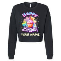 Cute Happy Birthday Graffiti Cupcake Personalized Custom Name Cropped Pullover Crew