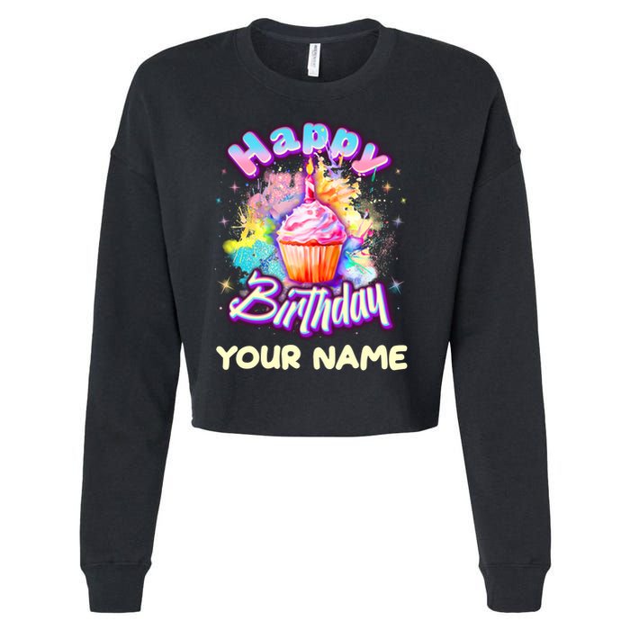 Cute Happy Birthday Graffiti Cupcake Personalized Custom Name Cropped Pullover Crew