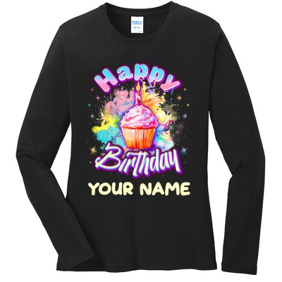 Cute Happy Birthday Graffiti Cupcake Personalized Custom Name Ladies Long Sleeve Shirt