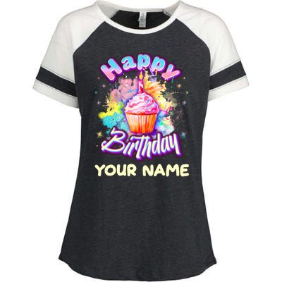 Cute Happy Birthday Graffiti Cupcake Personalized Custom Name Enza Ladies Jersey Colorblock Tee